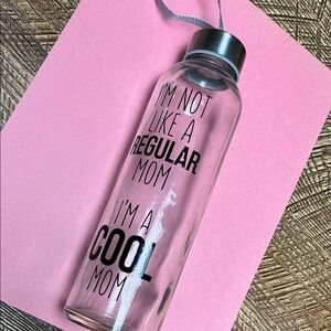 Clear Glass Water Bottle with Black Text